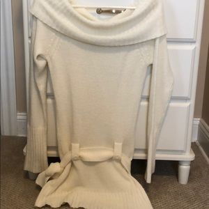 Cowl neck long belted sweater
